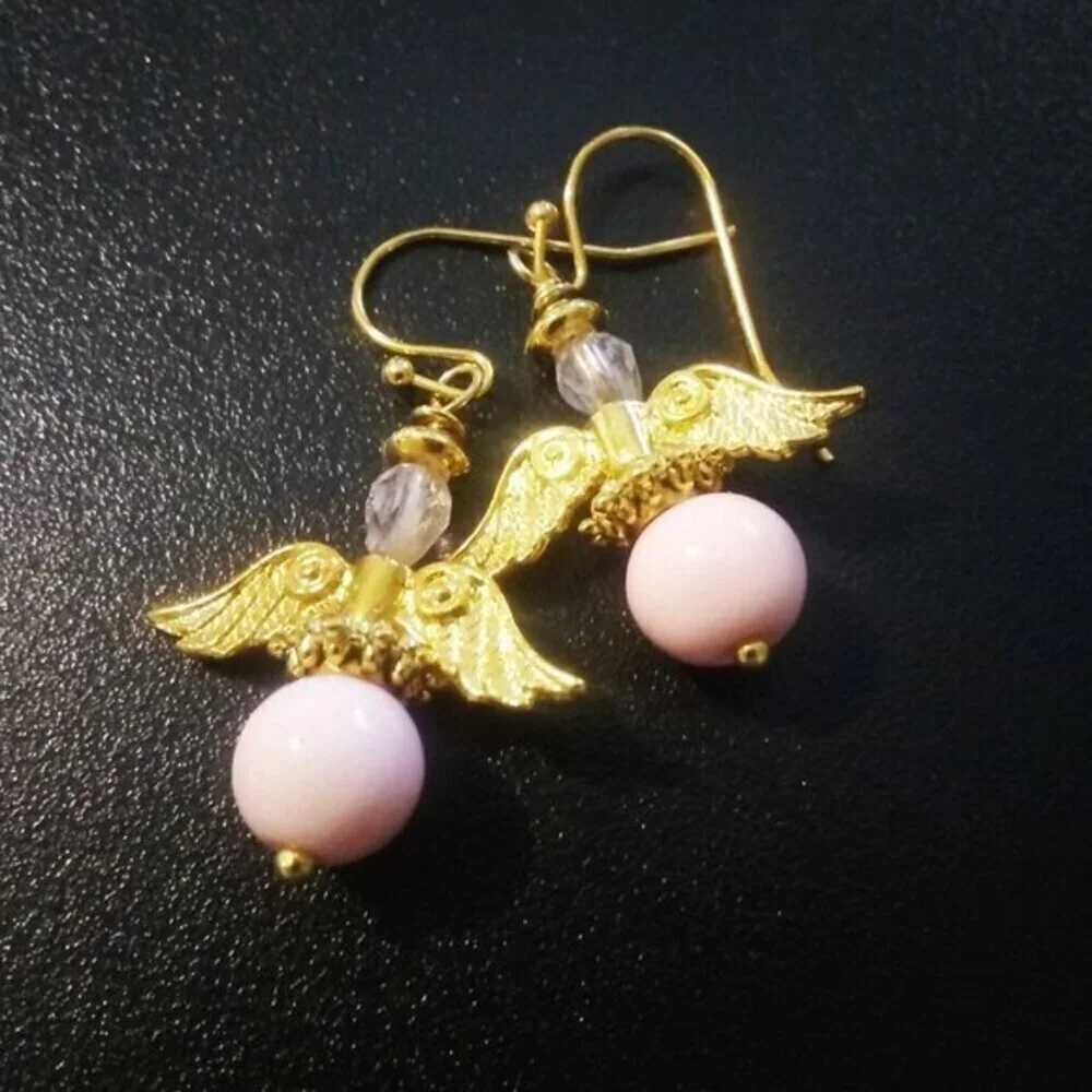 Guardian Angel Earrings! Gold & Pink Angels Wings! - Picture 1 of 8